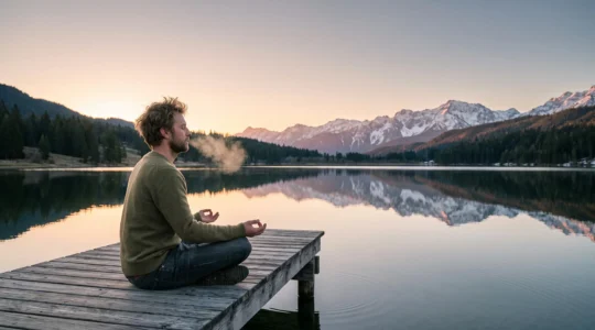 Une personne assise sereinement au bord d'un lac suisse, pratiquant une respiration profonde au lever du soleil