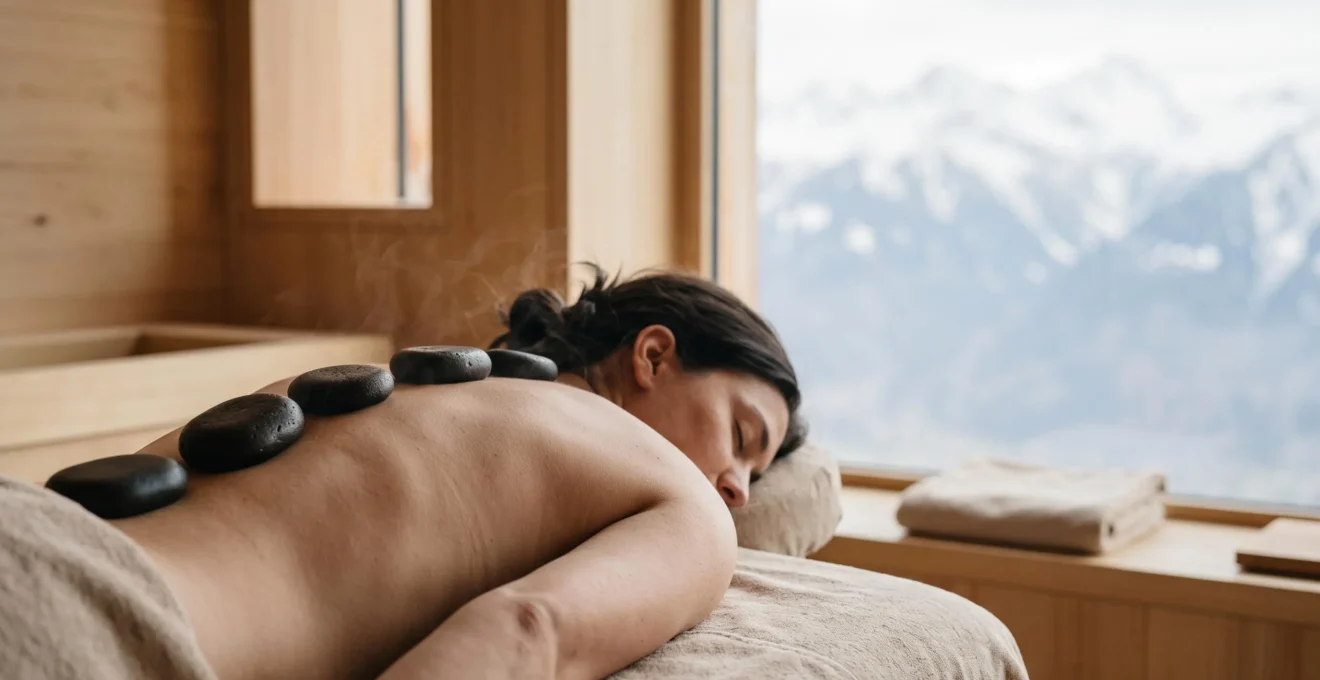Dos dénudé recouvert de pierres de basalte chaudes disposées le long de la colonne vertébrale dans un spa épuré aux accents alpins suisses