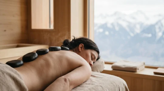Dos dénudé recouvert de pierres de basalte chaudes disposées le long de la colonne vertébrale dans un spa épuré aux accents alpins suisses