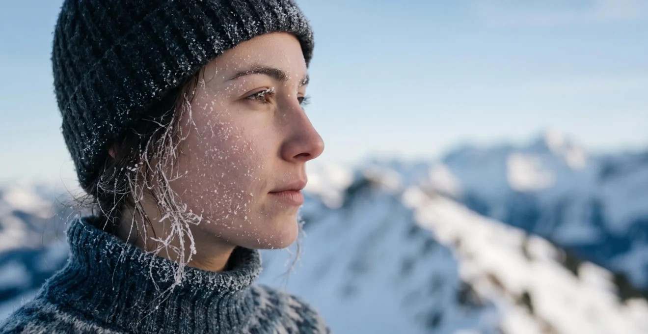 Visage d'une personne face au vent glacial des Alpes suisses, illustrant la protection cutanée en altitude