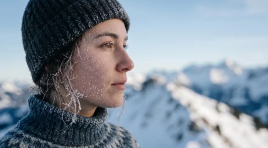 Visage d'une personne face au vent glacial des Alpes suisses, illustrant la protection cutanée en altitude