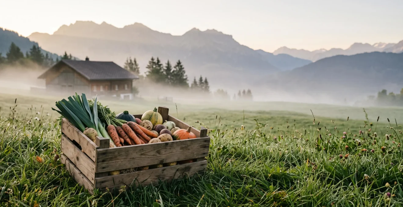 Panier en bois rempli de légumes suisses fraîchement récoltés posé dans un paysage de prairie alpine au lever du jour
