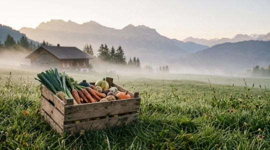 Panier en bois rempli de légumes suisses fraîchement récoltés posé dans un paysage de prairie alpine au lever du jour