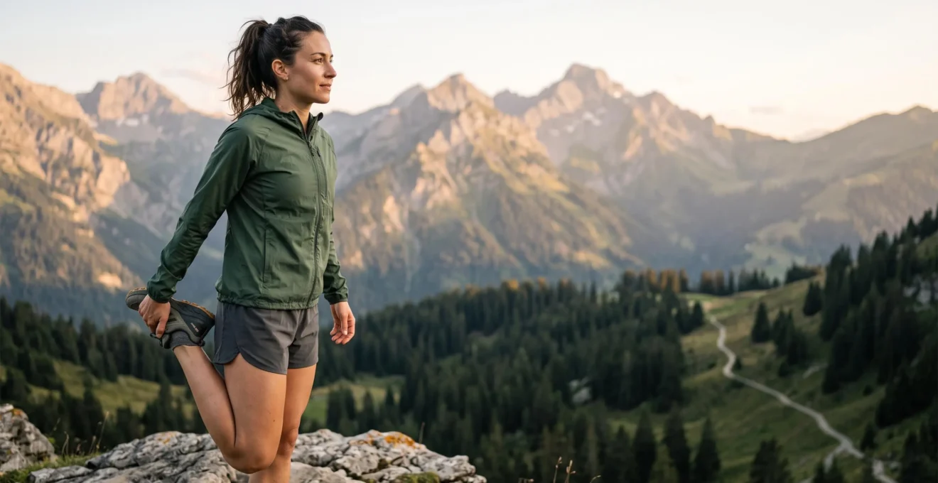Sportif en pleine récupération active après un effort intense dans un paysage alpin suisse