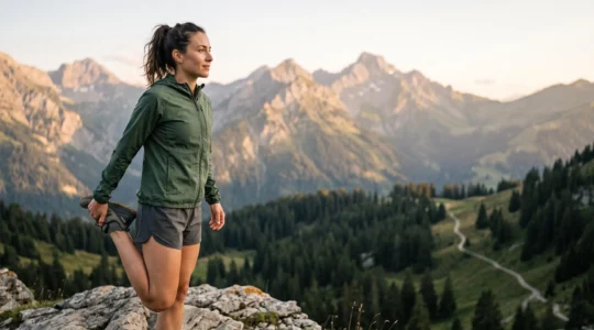 Sportif en pleine récupération active après un effort intense dans un paysage alpin suisse