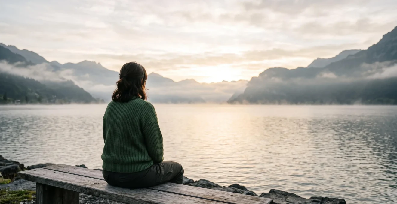 Personne assise en silence face à un paysage alpin suisse, symbolisant le chemin de reconstruction émotionnelle après une rupture ou un deuil
