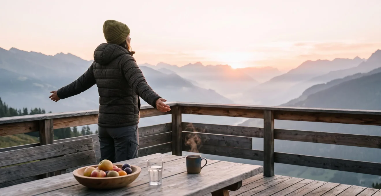 Personne respirant profondément au lever du jour dans un paysage alpin suisse, symbole de vitalité naturelle