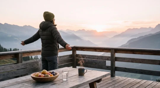Personne respirant profondément au lever du jour dans un paysage alpin suisse, symbole de vitalité naturelle