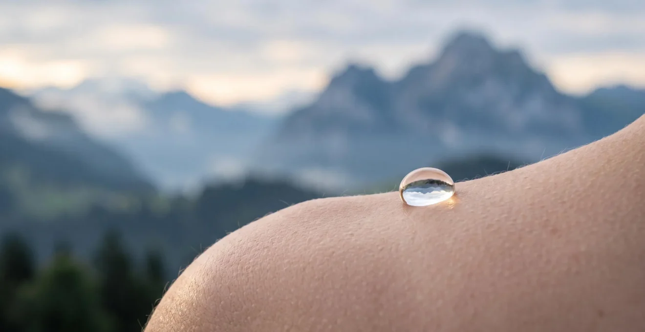 Gros plan délicat sur une goutte d'eau posée sur une peau saine, évoquant la douceur du renouvellement cellulaire dans un cadre alpin