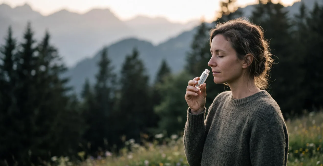 Une main tenant un flacon d'huile essentielle ouvert près du visage dans un paysage alpin suisse au lever du jour, illustrant le changement d'état émotionnel par l'odorat.