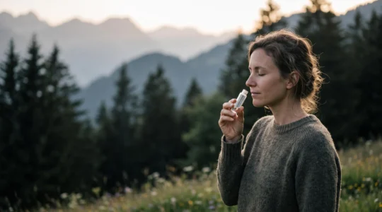 Une main tenant un flacon d'huile essentielle ouvert près du visage dans un paysage alpin suisse au lever du jour, illustrant le changement d'état émotionnel par l'odorat.