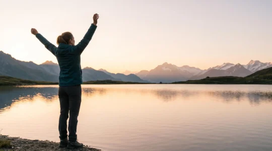 Silhouette d'une personne s'étirant face au lever du soleil sur un lac alpin suisse, symbolisant l'énergie retrouvée grâce à l'alignement des rythmes circadiens