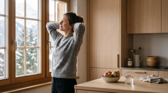 Femme se réveillant reposée et pleine d'énergie après une semaine d'alimentation légère, dans une cuisine de style suisse