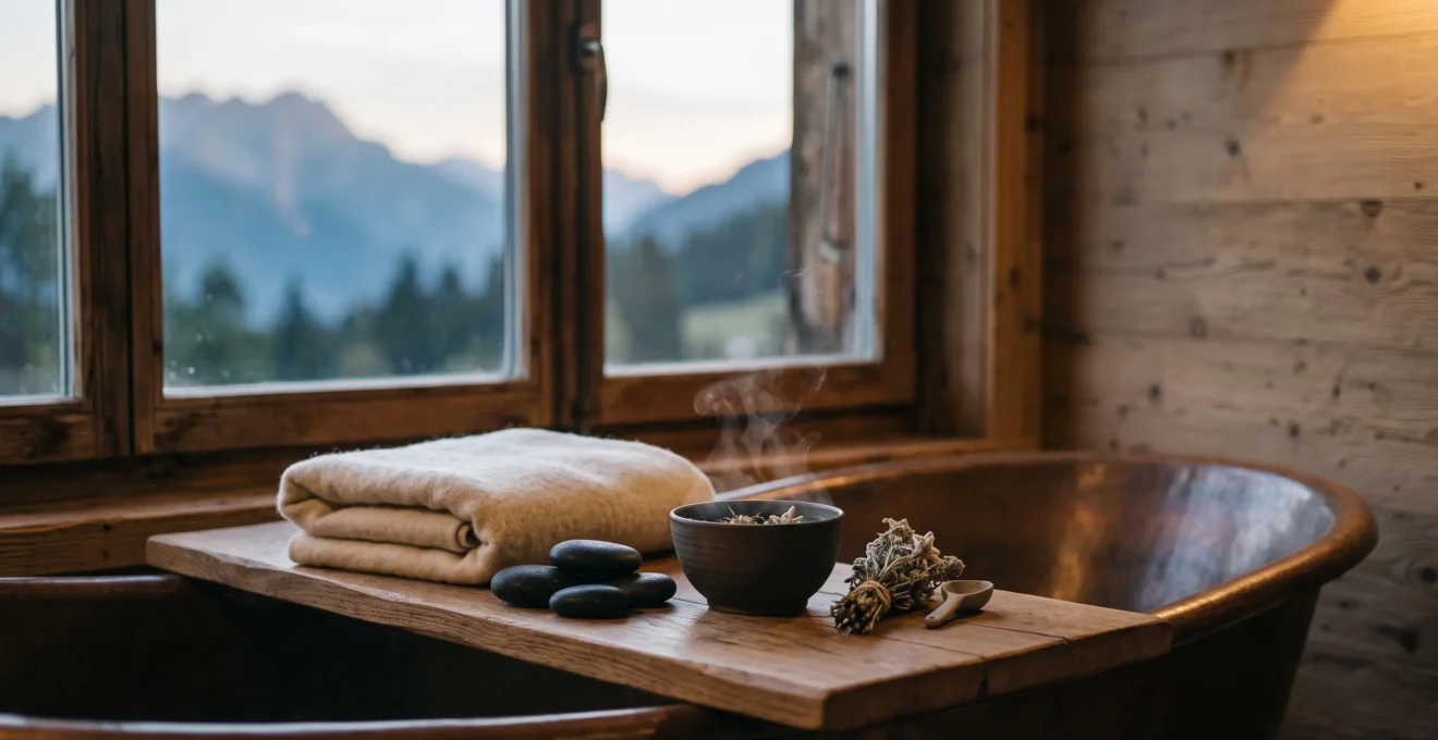 Ambiance chaleureuse d'un rituel de bien-être multisensoriel dans un intérieur alpin suisse, avec pierres, plaid en laine et lumière douce