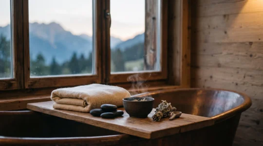 Ambiance chaleureuse d'un rituel de bien-être multisensoriel dans un intérieur alpin suisse, avec pierres, plaid en laine et lumière douce