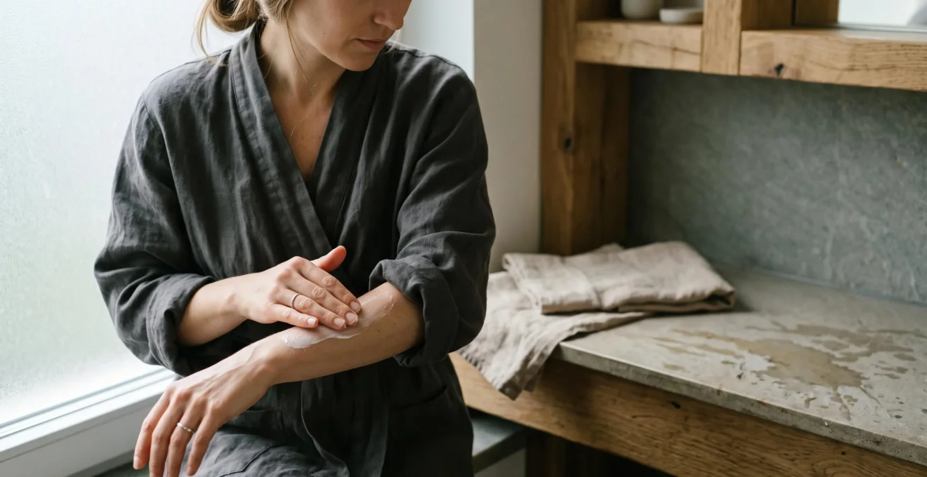 Mains appliquant une crème corporelle lors d'un rituel de soin quotidien dans une salle de bain épurée aux accents alpins