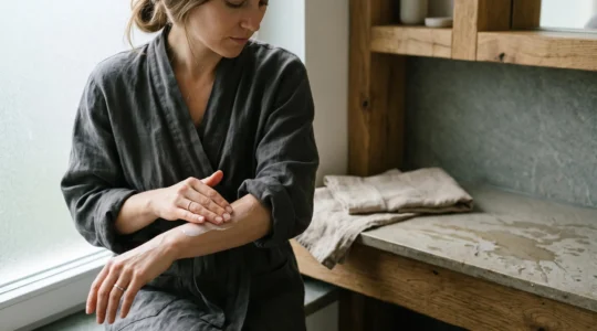 Mains appliquant une crème corporelle lors d'un rituel de soin quotidien dans une salle de bain épurée aux accents alpins