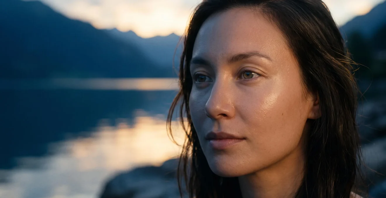 Portrait editorial d'une femme au teint lumineux avant un evenement important, ambiance suisse epuree