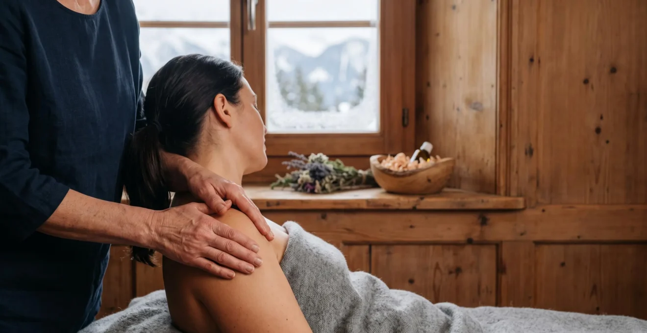 Mains appliquant un massage aux huiles alpines dans un chalet suisse en bois, lumière naturelle douce