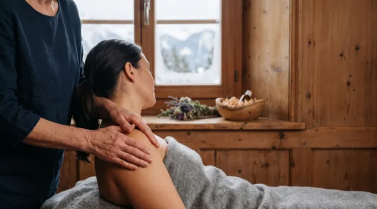 Mains appliquant un massage aux huiles alpines dans un chalet suisse en bois, lumière naturelle douce