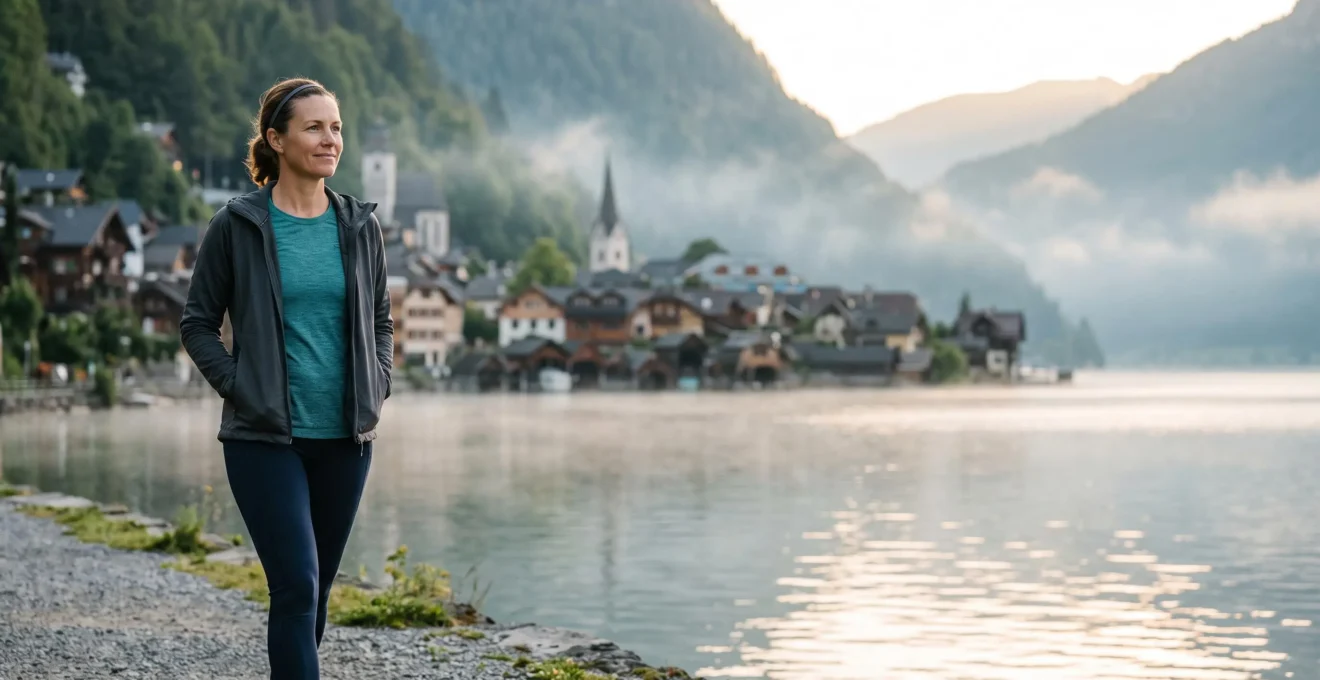 Personne marchant sereinement au lever du jour dans un cadre alpin suisse, symbolisant une perte de poids progressive et durable