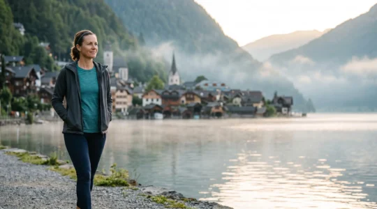 Personne marchant sereinement au lever du jour dans un cadre alpin suisse, symbolisant une perte de poids progressive et durable