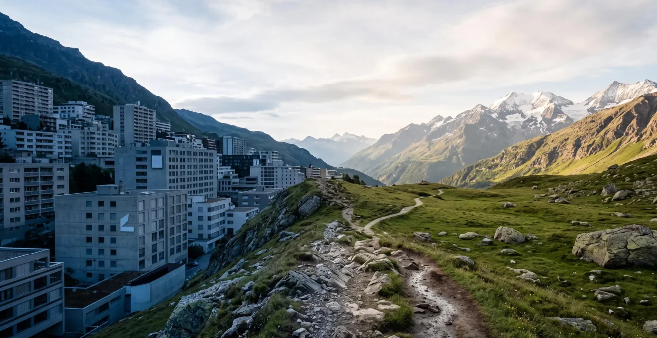 Silhouette contemplant la transition entre une ville suisse et un panorama alpin, symbole du retour à l'équilibre mental