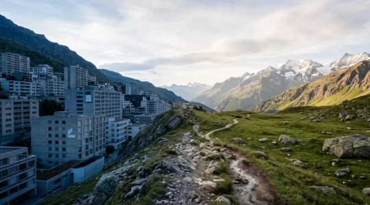 Silhouette contemplant la transition entre une ville suisse et un panorama alpin, symbole du retour à l'équilibre mental