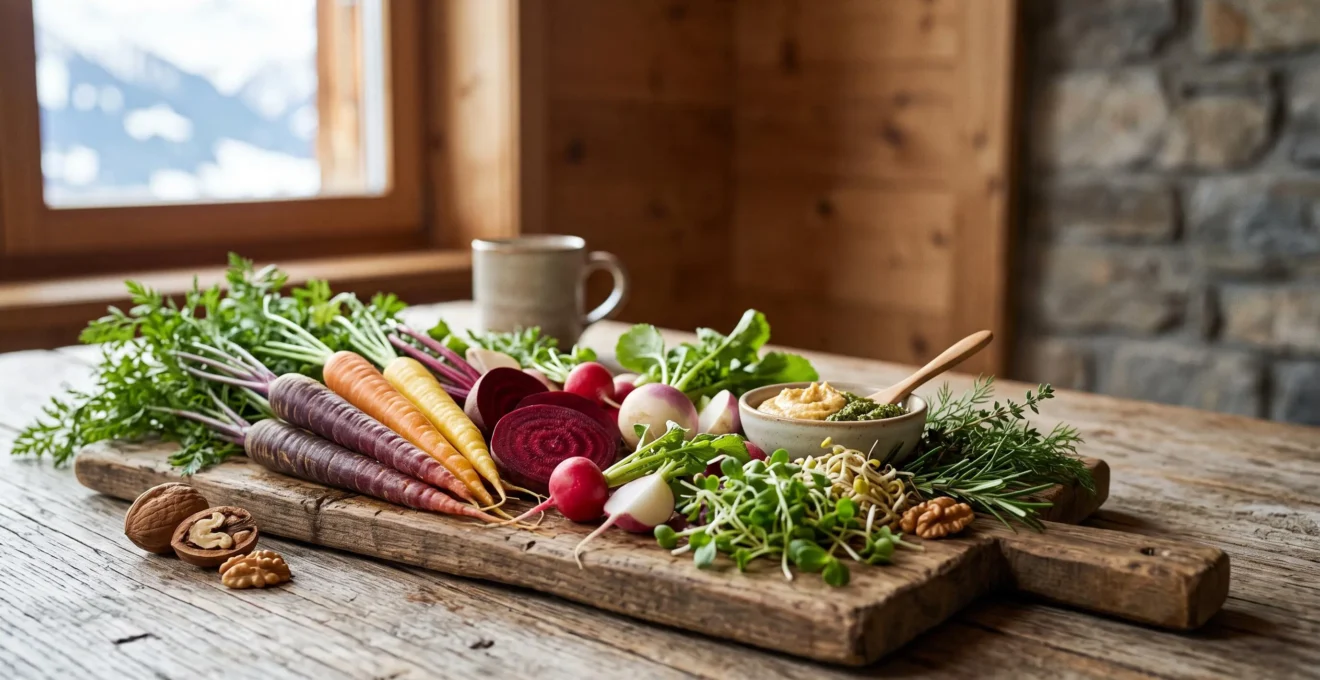 Assiette de legumes crus et colores typiques de Suisse symbolisant la vitalite cellulaire apportee par l'alimentation vivante