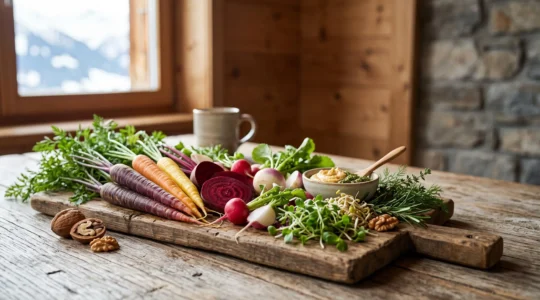 Assiette de legumes crus et colores typiques de Suisse symbolisant la vitalite cellulaire apportee par l'alimentation vivante