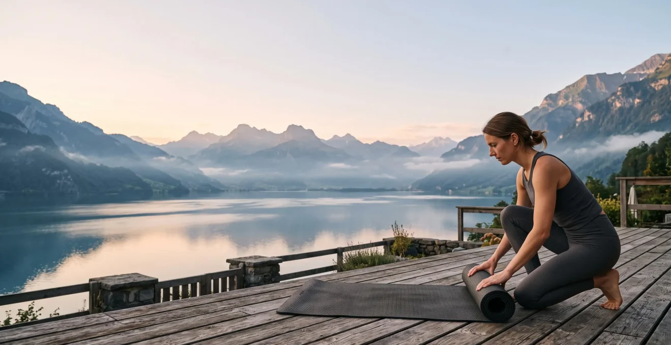 Pratiquante de yoga installant son tapis face aux montagnes suisses au lever du jour