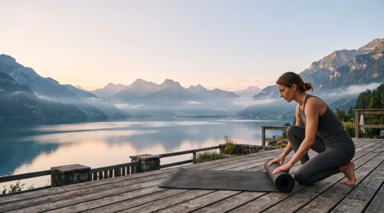 Pratiquante de yoga installant son tapis face aux montagnes suisses au lever du jour